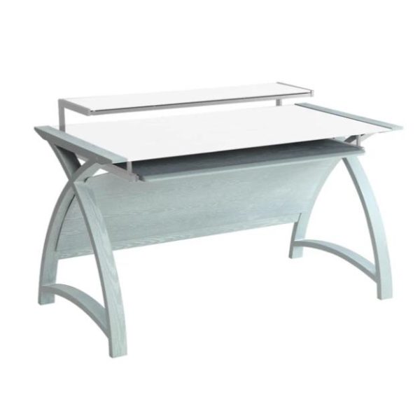computer desk with curved wood design in grey oak finish and white glass desk top