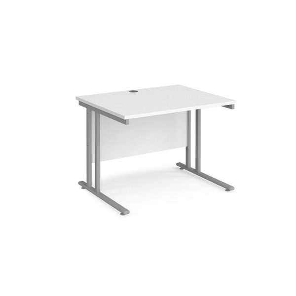 office desk with white desk top and silver cantilever leg frame