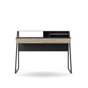 home office desk with mix of dark and light wood
