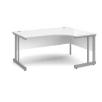 right hand ergonomic office desk with white desk top and silver cantilever leg frame