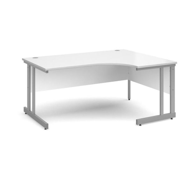 right hand ergonomic office desk with white desk top and silver cantilever leg frame