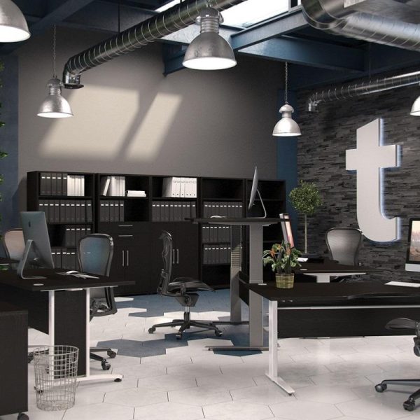 black office furniture roomset. With black office desks and office storage.