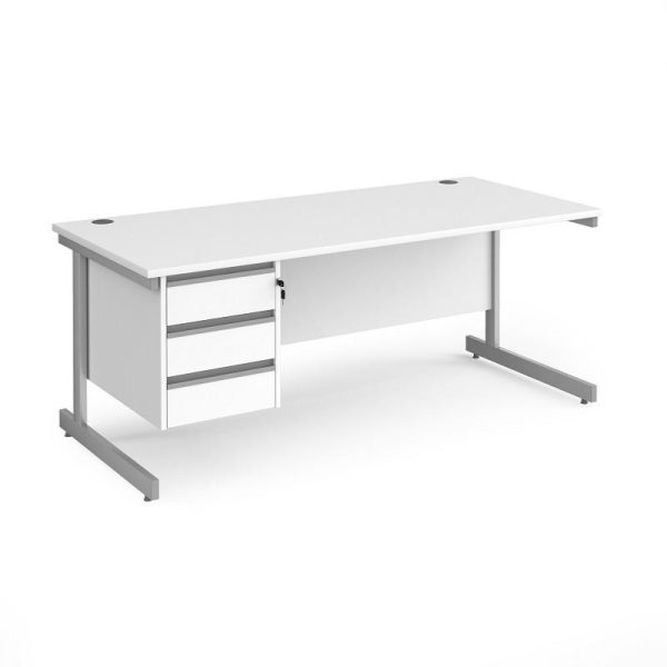 white office desk with silver cantilever leg frame and 3 drawer pedestal