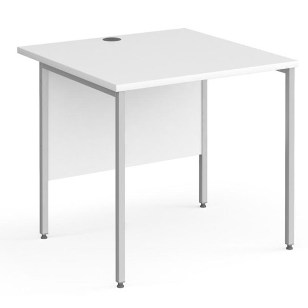 straight office desk with white desk top and silver H frame legs