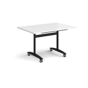 mobile flip top meeting table with white top and black frame with castors