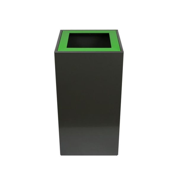 black office recycling bin with green lid