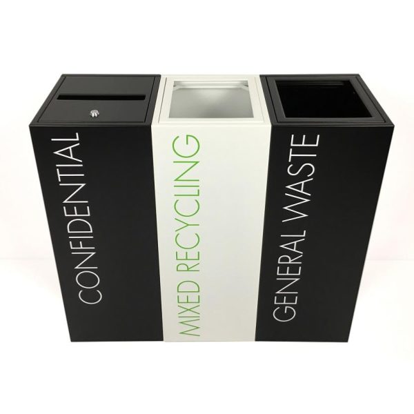row of 3 office recycling bins. 1 black confidential bin with white lettering Confidential. 1 white bin green lettering Mixed Recycling. 1 black bin with white lettering General Waste