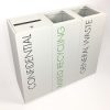 3 white office recycling bins with Confidential, Mixed Recycling and General Waste lettering