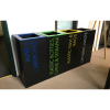 row of 4 office recycling bins with different coloured lettering