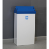 white office recycling bin with blue swing top
