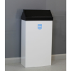white office recycling bin with black swing lid