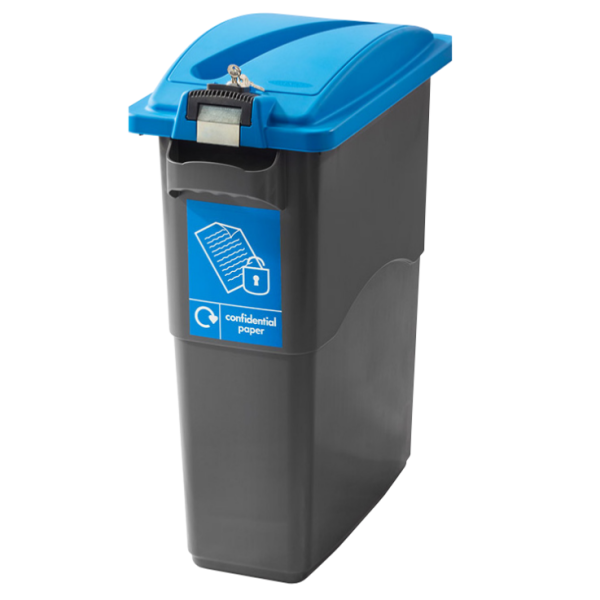 office recycling bin black with blue lockable top and blue paper pictogram sticker