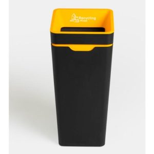 black plastic office recycling bin with yellow top