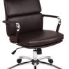 brown leather office chair with chrome arms and base