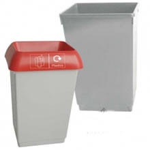 grey plastic waste bin with red recycling top
