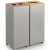 2 office recycling bins in silver on castors. One with red top with 2 circular cut outs and one yellow top with slot cut out