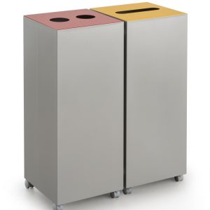 2 office recycling bins in silver on castors. One with red top with 2 circular cut outs and one yellow top with slot cut out