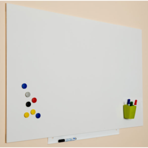 white board message board with magnetic dots and pen cup