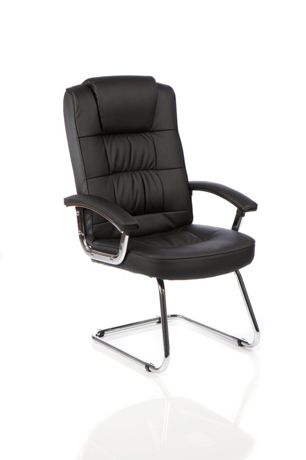 black leather visitor chair with chrome cantilever frame