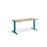 height adjustable desk with light wood desk top and blue frame