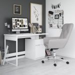 white home office computer desk in room set with grey fabric office chair
