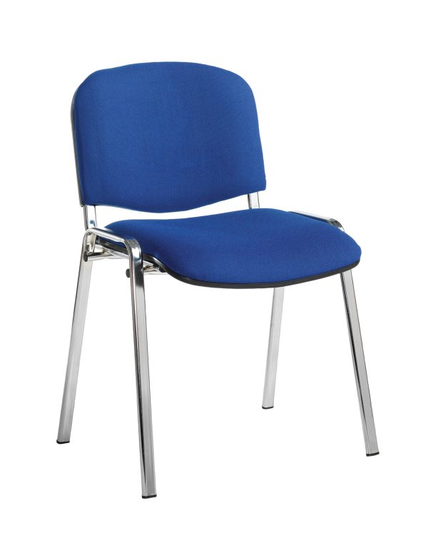 meeting room chair stackable in blue fabric and chrome leg frame