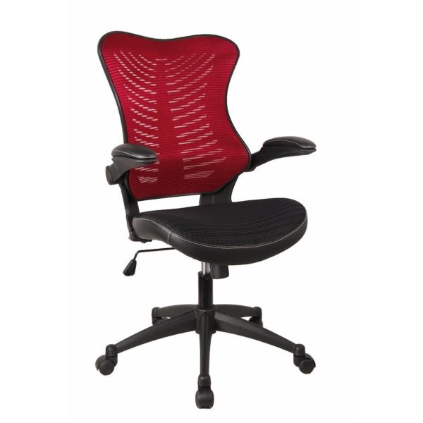 office chair with red mesh back and black seat