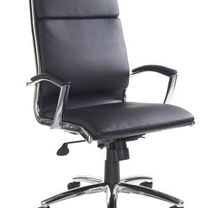 black leather executive office chair with chrome base