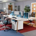bench style deskin white and light wood legs in office roomset