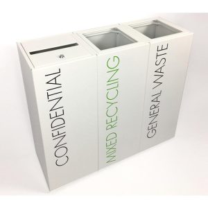 row of 3 white office recycling bins for workplaces with lettering