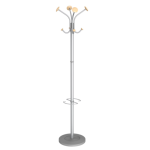 silver coat stand with wooden hooks