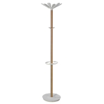 light wood cost stand with white hooks