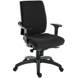 24 hour office chair in black fabric with arms and standard black base