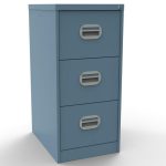 blue office filing cabinet with 3 drawers