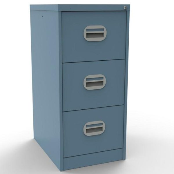 blue office filing cabinet with 3 drawers
