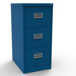blue filing cabinet with 3 drawers
