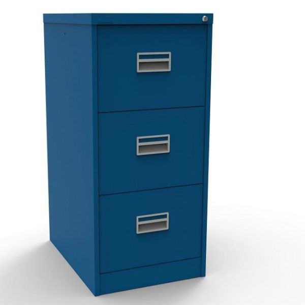 blue filing cabinet with 3 drawers
