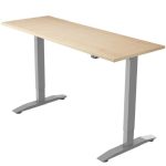 height adjustable desk with oak desk top and silver leg frame