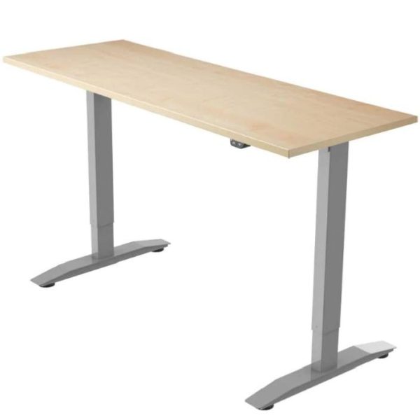 height adjustable desk with oak desk top and silver leg frame