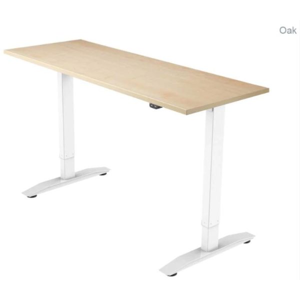 height adjustable desk with oak desk top and white leg frame