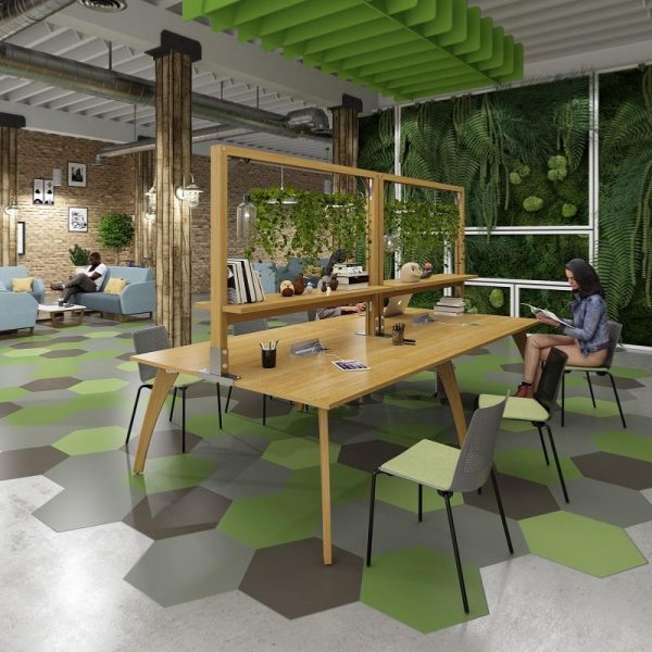 multipurpose chair around shared desk desk in social space room shot