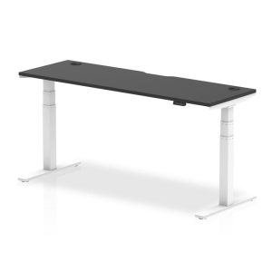 height adjustable desk with black desk top and white leg frame
