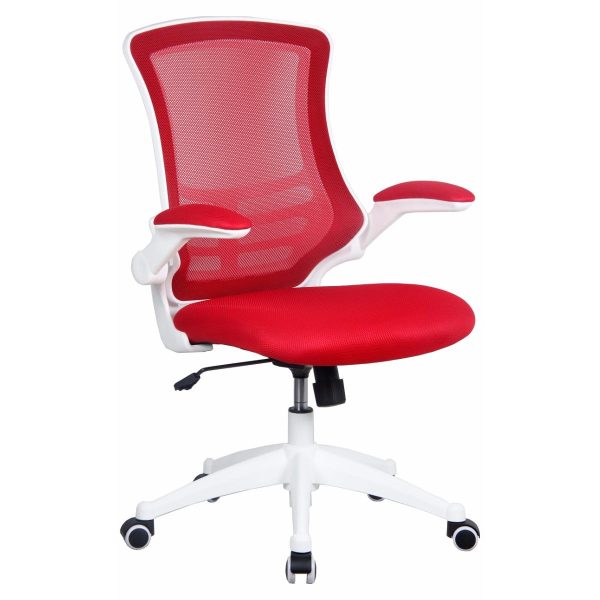 office chair with red mesh back and fabric seat with white frame