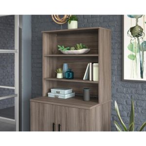 bookcase hutch on top of office cupboard in elm finish