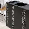 3 black office recycling bins with white lettering General Waste, Mixed Recycling and Confidential