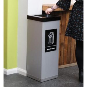 Silver office recycling bin with black top and General Waste Sticker