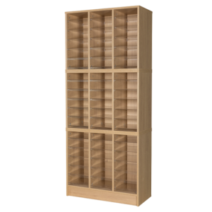 floor standing pigeon hole unit in beech with acrylic shelves and 54 spaces