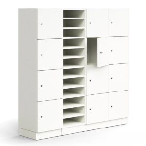 pigeon hole units and locker unit in white.