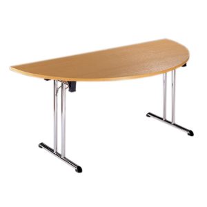 semi circular meeting table with beech table top and chrome leg frame