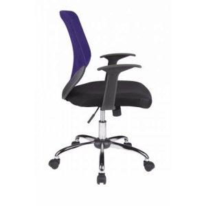 mesh back office chair with purple mesh back and black fabric seat side view